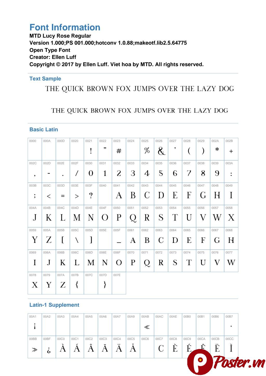 Thông tin chi tiết về font MTD Lucy Rose Regular Việt hóa, hiển thị các ký tự Latin cơ bản và Latin-1 bổ sung trên nền trắng.