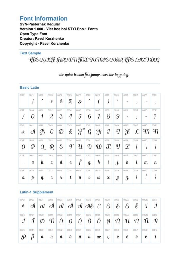 Thông tin Font SVN-Pasternak
