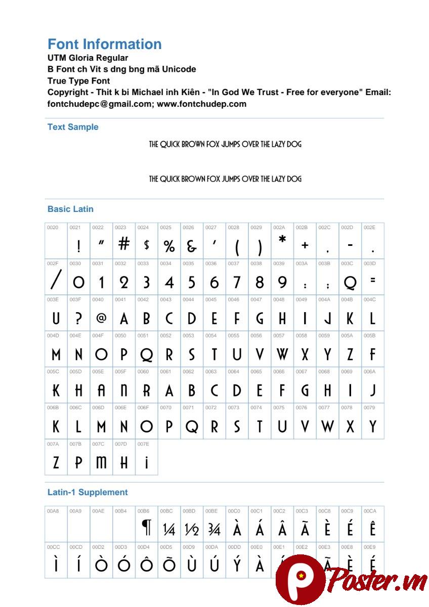 Thông tin Font UTM Gloria