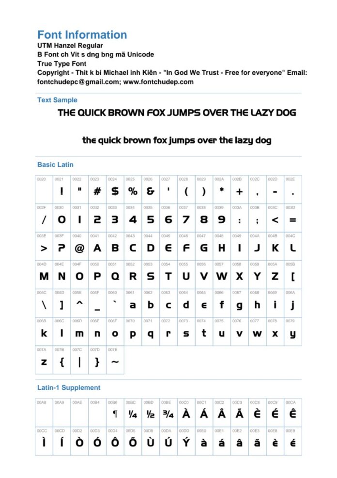 Thông tin Font UTM Hanzel