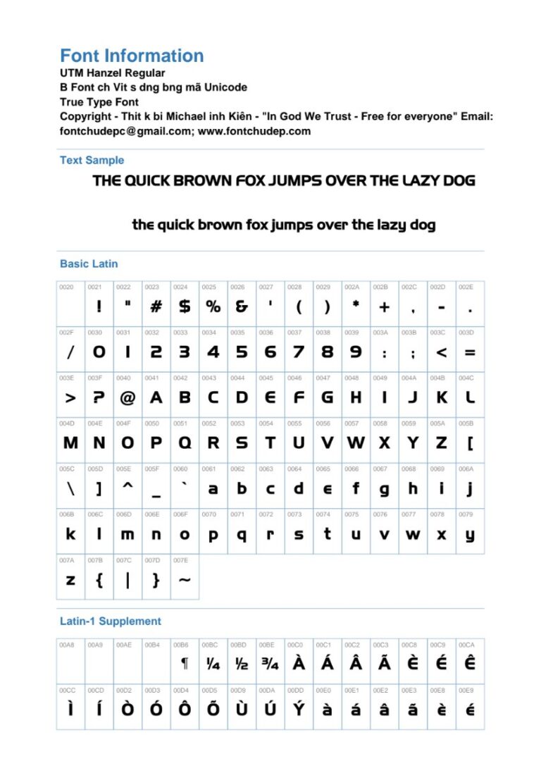 Thông tin Font UTM Hanzel