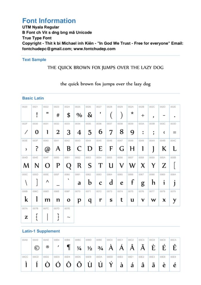Thông tin Font UTM Nyala