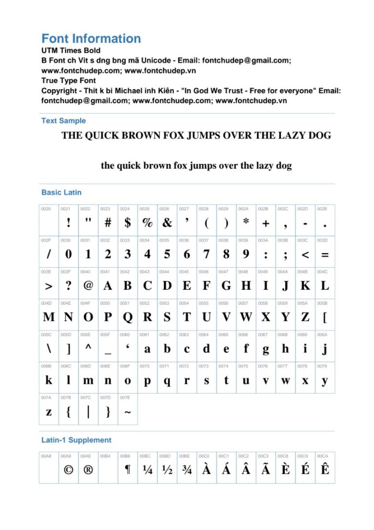 Thông tin Font UTM Times Bold