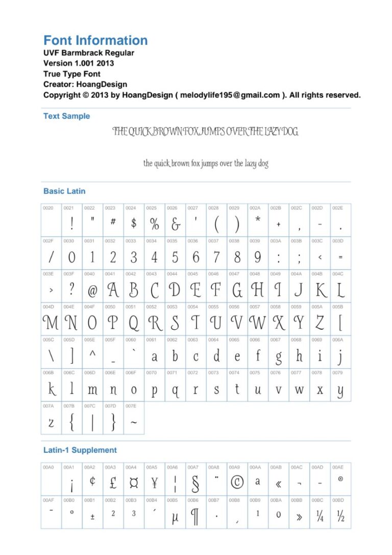 Bảng thông tin Font UVF Barmbrack