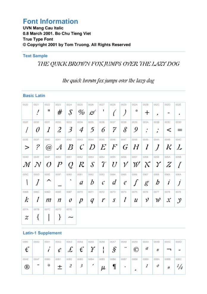 Thông tin Font UVN Mang Cau Italic