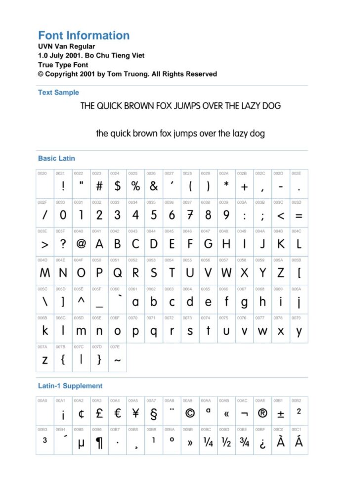 Bảng ký tự Font UVN Van Regular