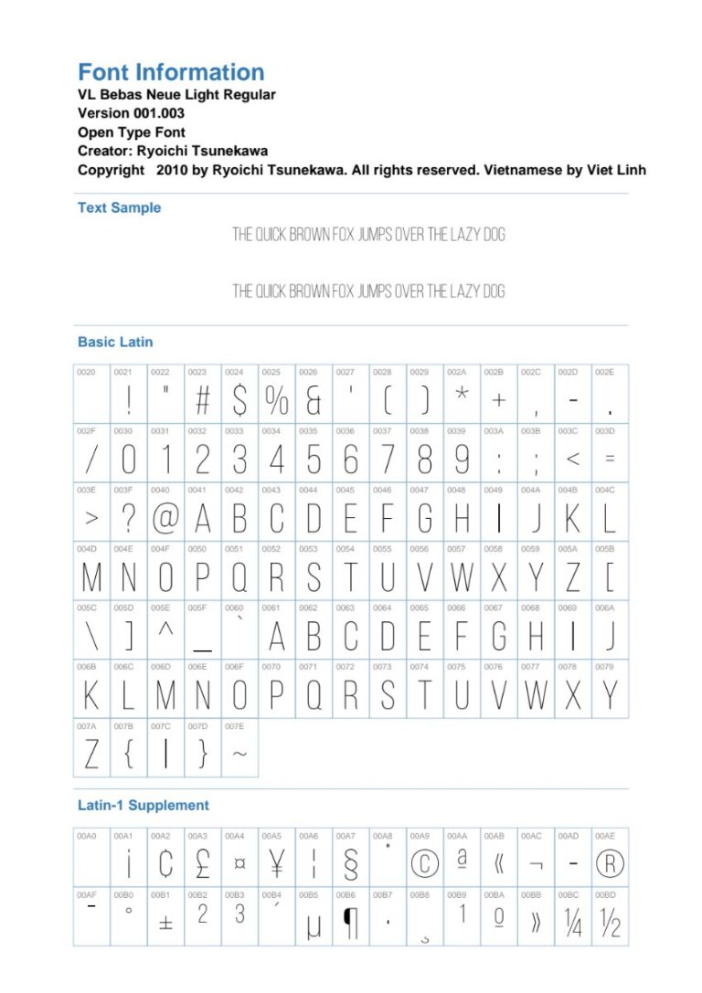 Thông tin Font VL Bebas Neue Light Regular