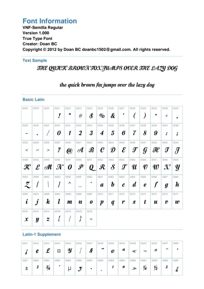 Mẫu phông chữ VNF-Semilla Script với nét viết tay mềm mại, thư pháp, minh họa các ký tự và thông tin font trên nền trắng.