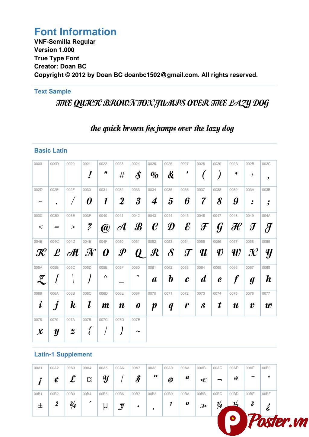 Mẫu phông chữ VNF-Semilla Script với nét viết tay mềm mại, thư pháp, minh họa các ký tự và thông tin font trên nền trắng.