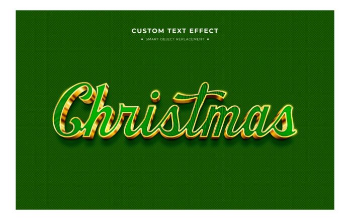 Hiệu ứng chữ 3D Christmas màu xanh ngọc lục bảo và vàng kim lấp lánh trên nền xanh đậm.