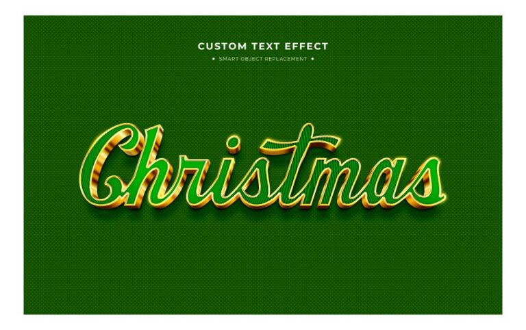 Hiệu ứng chữ 3D Christmas màu xanh ngọc lục bảo và vàng kim lấp lánh trên nền xanh đậm.