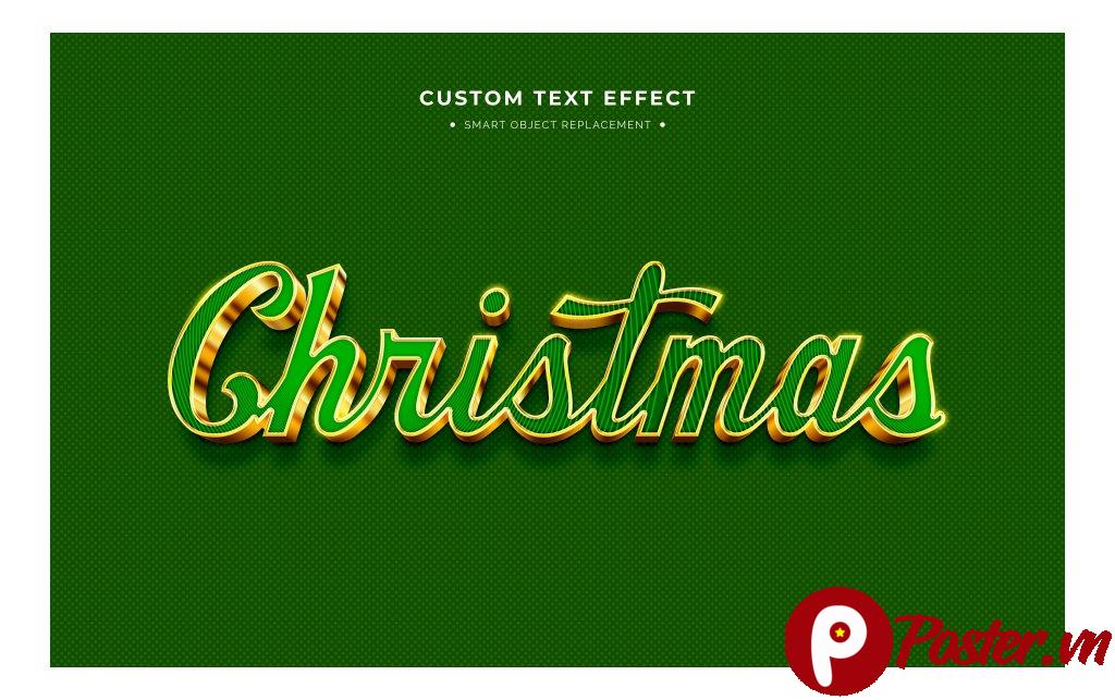 Hiệu ứng chữ 3D Christmas màu xanh ngọc lục bảo và vàng kim lấp lánh trên nền xanh đậm.