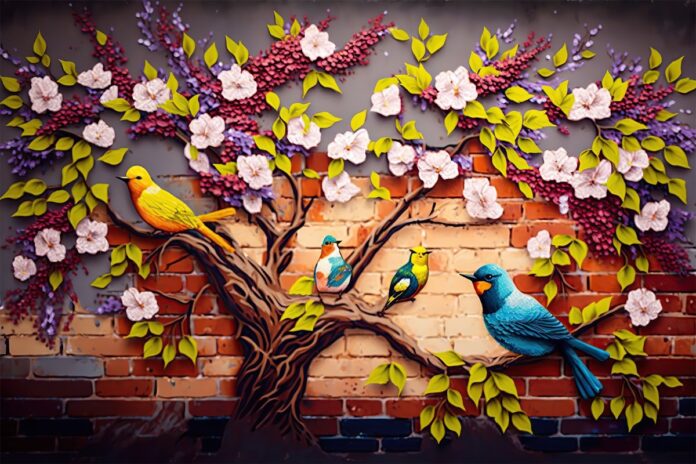 Hình ảnh chim và hoa trên tường gạch