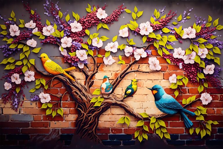 Hình ảnh chim và hoa trên tường gạch