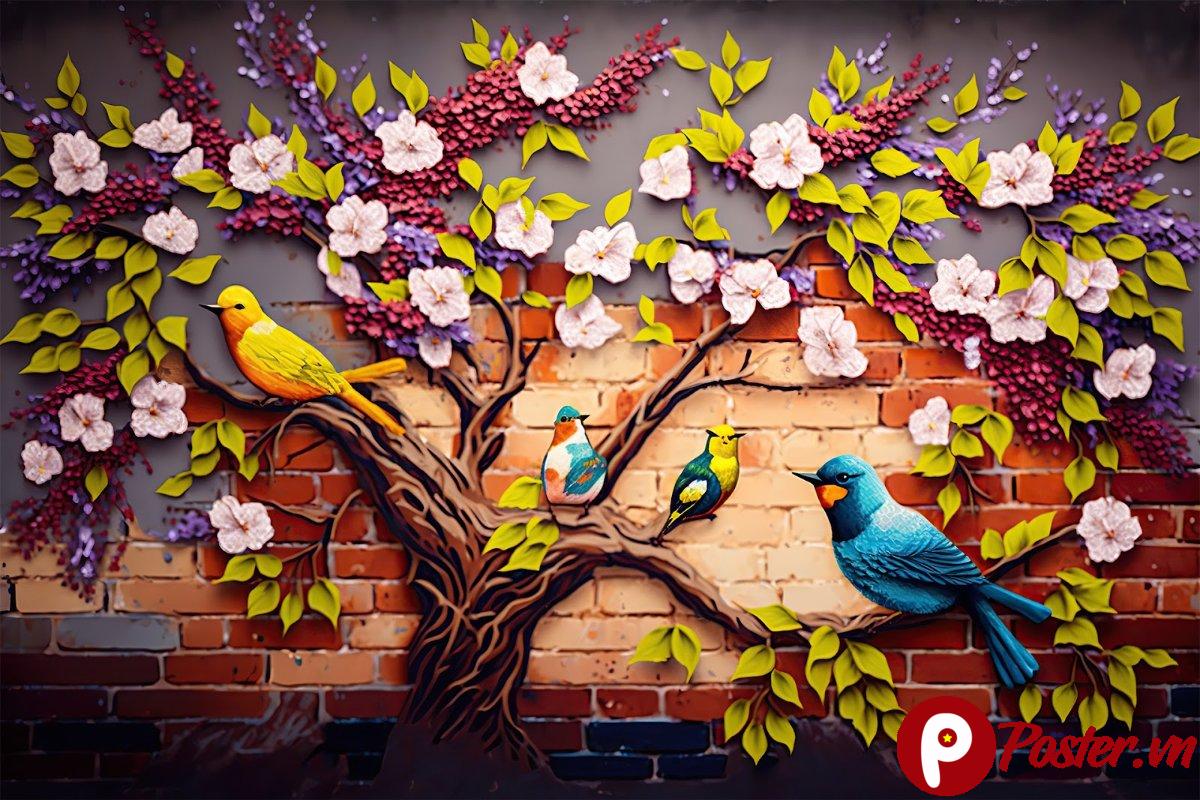 Hình ảnh chim và hoa trên tường gạch