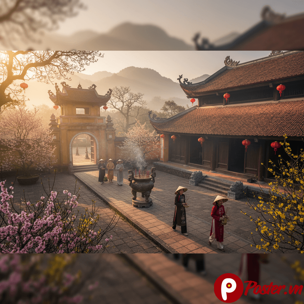 Hình ảnh một gia đình Việt Nam mặc áo dài truyền thống, thắp hương và cầu nguyện tại sân chùa cổ kính trong không khí Tết Nguyên Đán 2026, với cờ phướn và hoa mai, hoa đào trang trí.