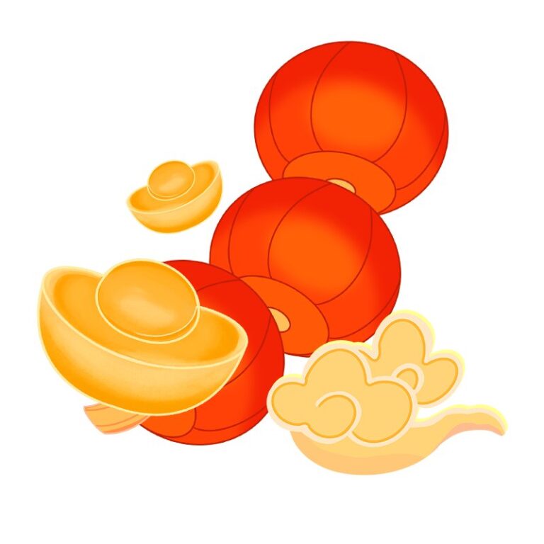 Hình ảnh Tết may mắn với đèn lồng đỏ, kim nguyên bảo vàng và vân mây cát tường trên nền trắng, phong cách minh họa phẳng.