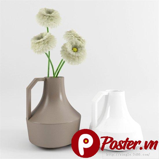 Hình ảnh tĩnh vật tối giản hiện đại với hai bình hoa màu nâu xám và trắng, hoa trắng nhụy vàng trên nền trắng tinh tế.