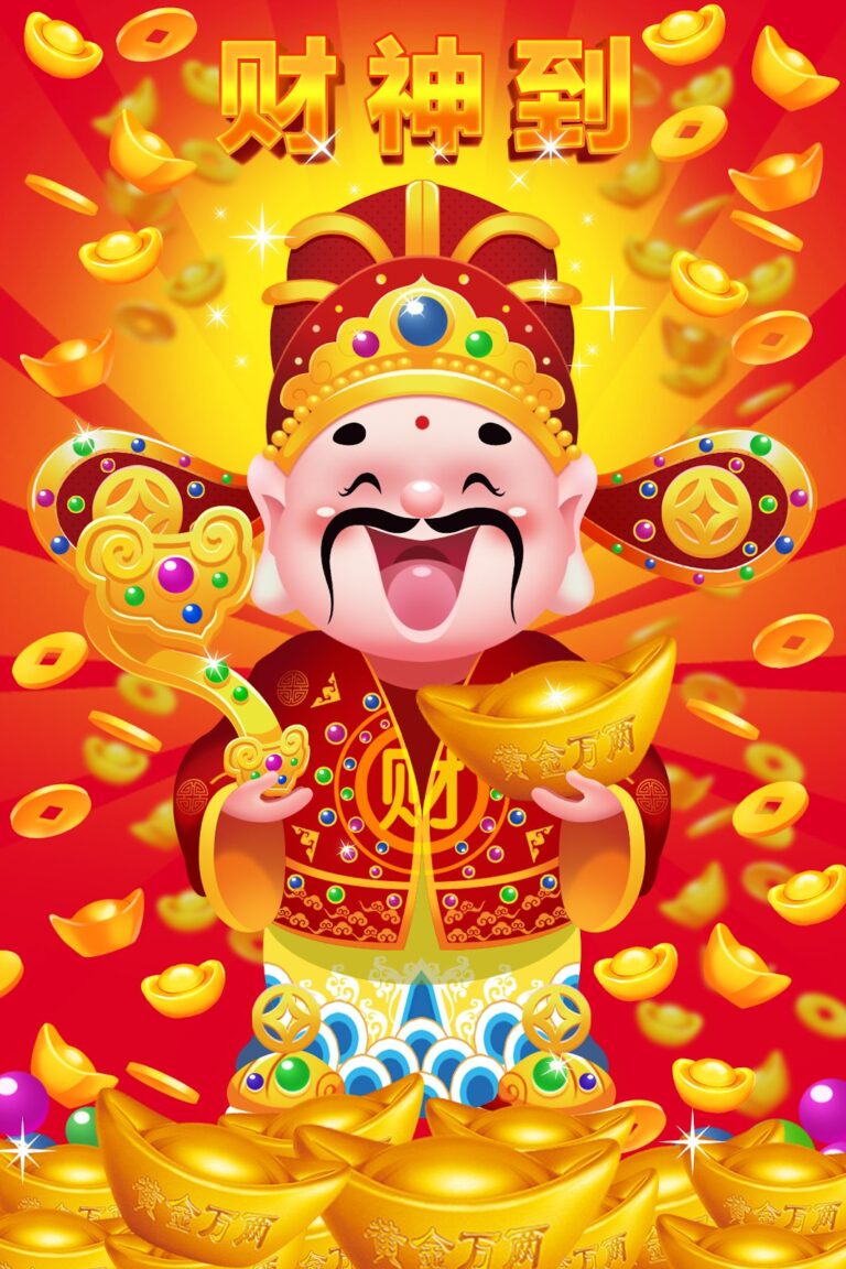 Hình Thần Tài hoạt hình vui tươi mang tài lộc, với thỏi vàng và chữ "Thần Tài Đến", nền đỏ vàng rực rỡ.