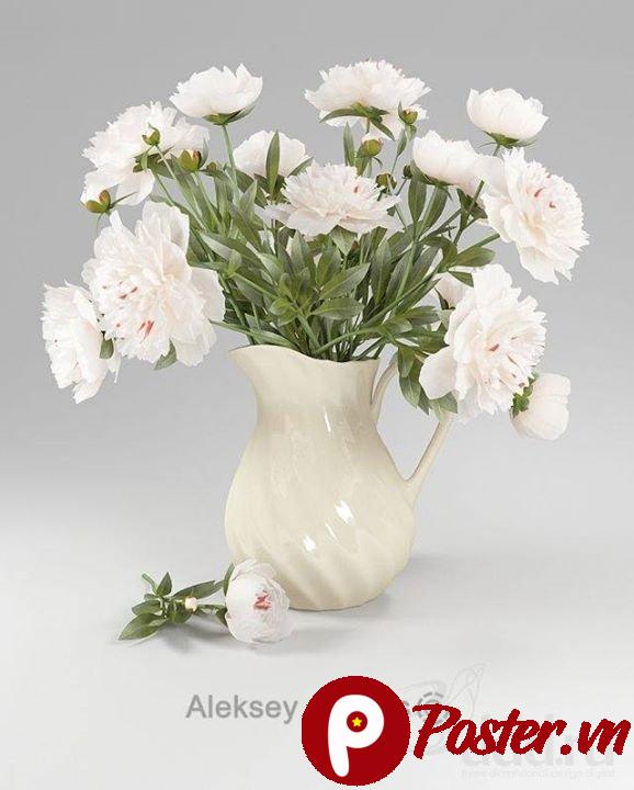 Ảnh tĩnh vật bó hoa mẫu đơn trắng kem trong bình gốm tối giản trên nền xám