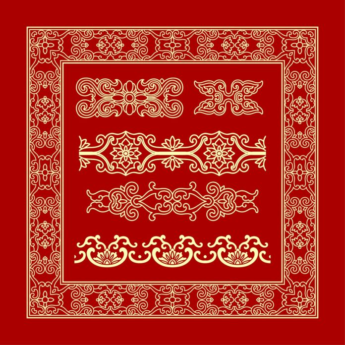 Họa tiết vector cổ điển Á Đông màu đỏ vàng kim với các đường nét cuộn xoắn, hoa sen và vân mây đối xứng