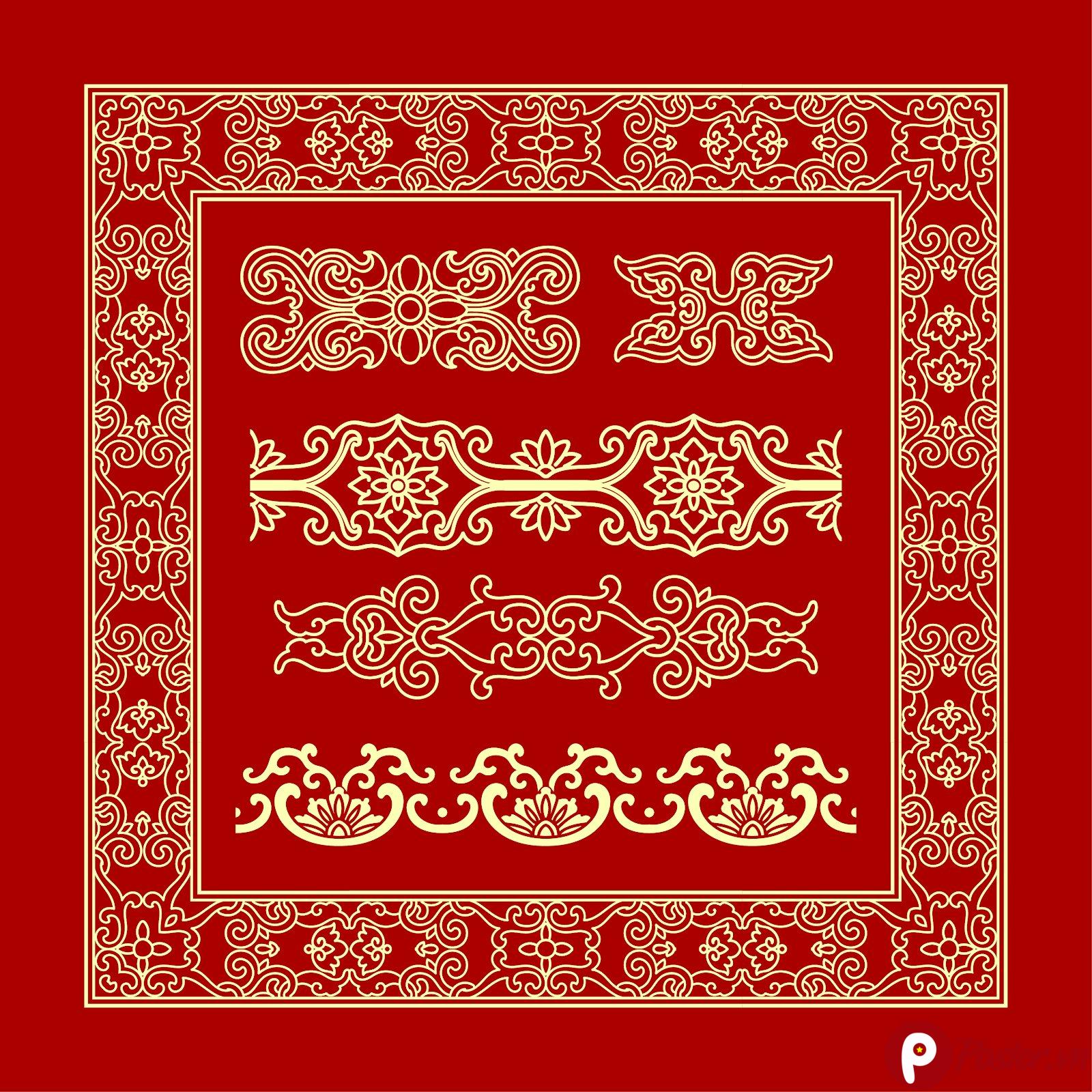 Họa tiết vector cổ điển Á Đông màu đỏ vàng kim với các đường nét cuộn xoắn, hoa sen và vân mây đối xứng