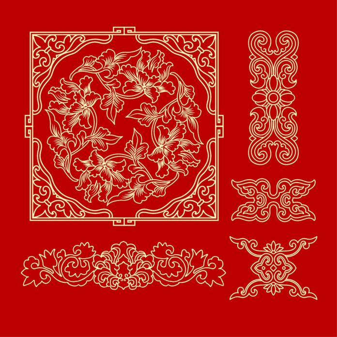 Họa tiết cổ điển Trung Quốc màu đỏ vàng kim sang trọng định dạng EPS