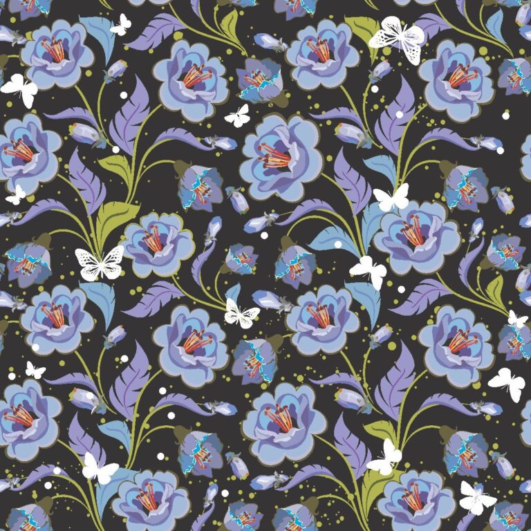 Họa tiết hoa xanh bướm trắng vector