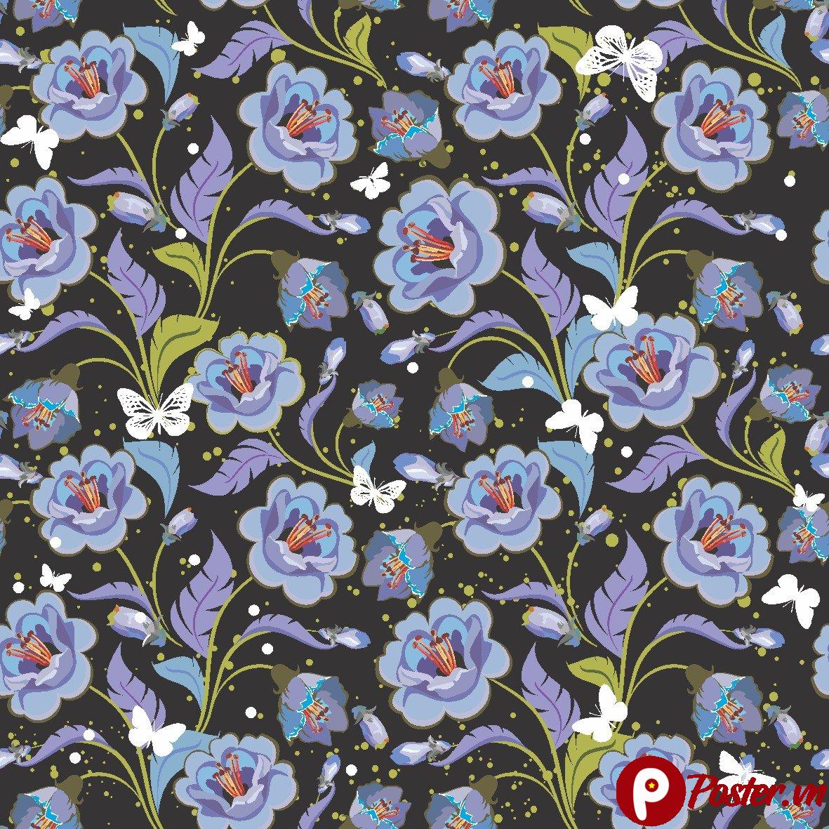 Họa tiết hoa xanh bướm trắng vector