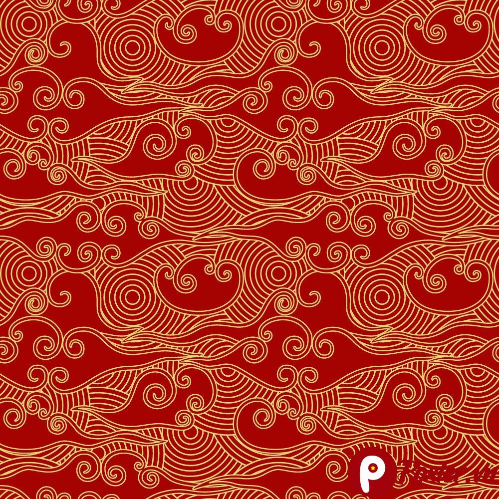 Họa tiết pattern truyền thống Á Đông màu đỏ thẫm vàng kim, họa tiết mây cuộn sóng nước
