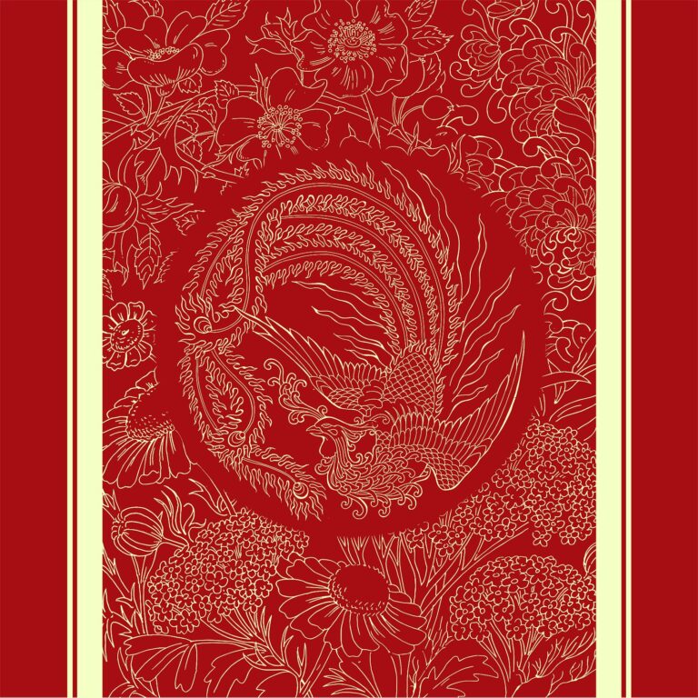 Hoạ tiết Phượng Hoàng cổ điển màu đỏ vàng, phong cách Á Đông truyền thống với hoa mẫu đơn và hoa cúc chi tiết trên nền đỏ thẫm.