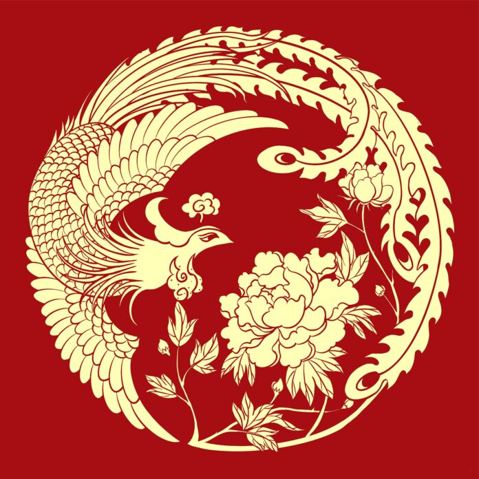 Họa tiết Phượng Hoàng Mẫu Đơn vector EPS màu đỏ vàng sang trọng, biểu tượng may mắn và thịnh vượng trong văn hóa Á Đông.