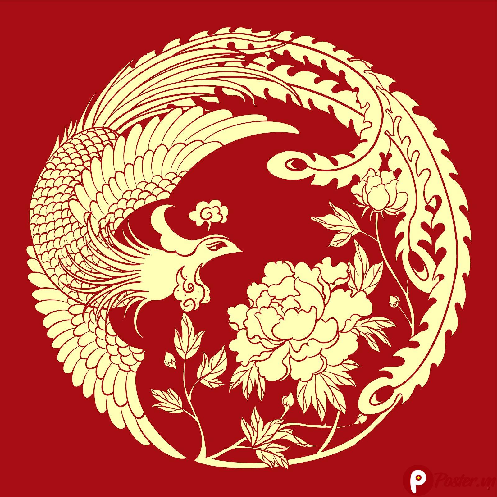 Họa tiết Phượng Hoàng Mẫu Đơn vector EPS màu đỏ vàng sang trọng, biểu tượng may mắn và thịnh vượng trong văn hóa Á Đông.