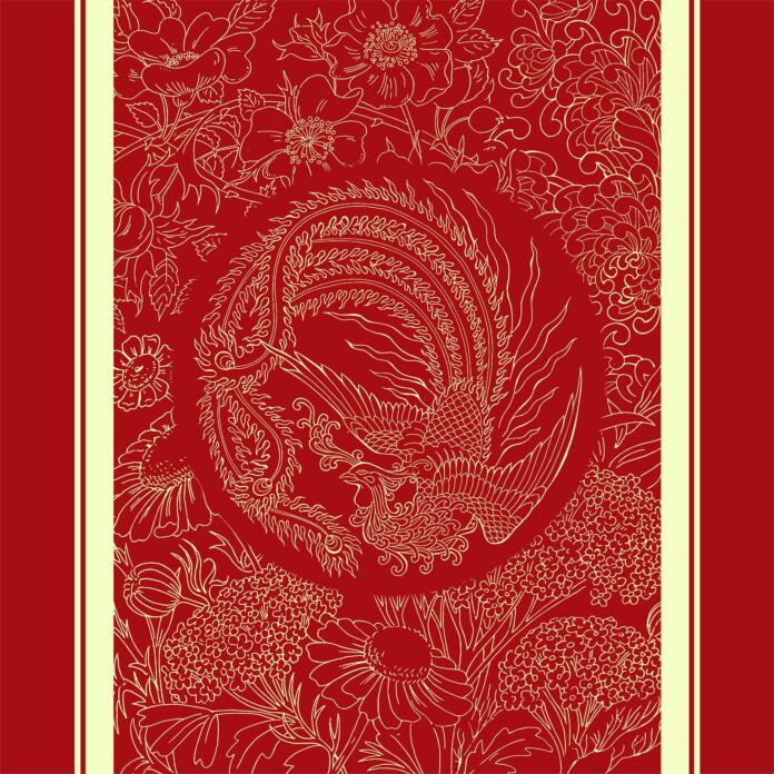 Họa tiết Phượng Hoàng Rồng vector phong cách Á Đông màu đỏ vàng rực rỡ, thích hợp cho thiết kế Tết và lễ hội.