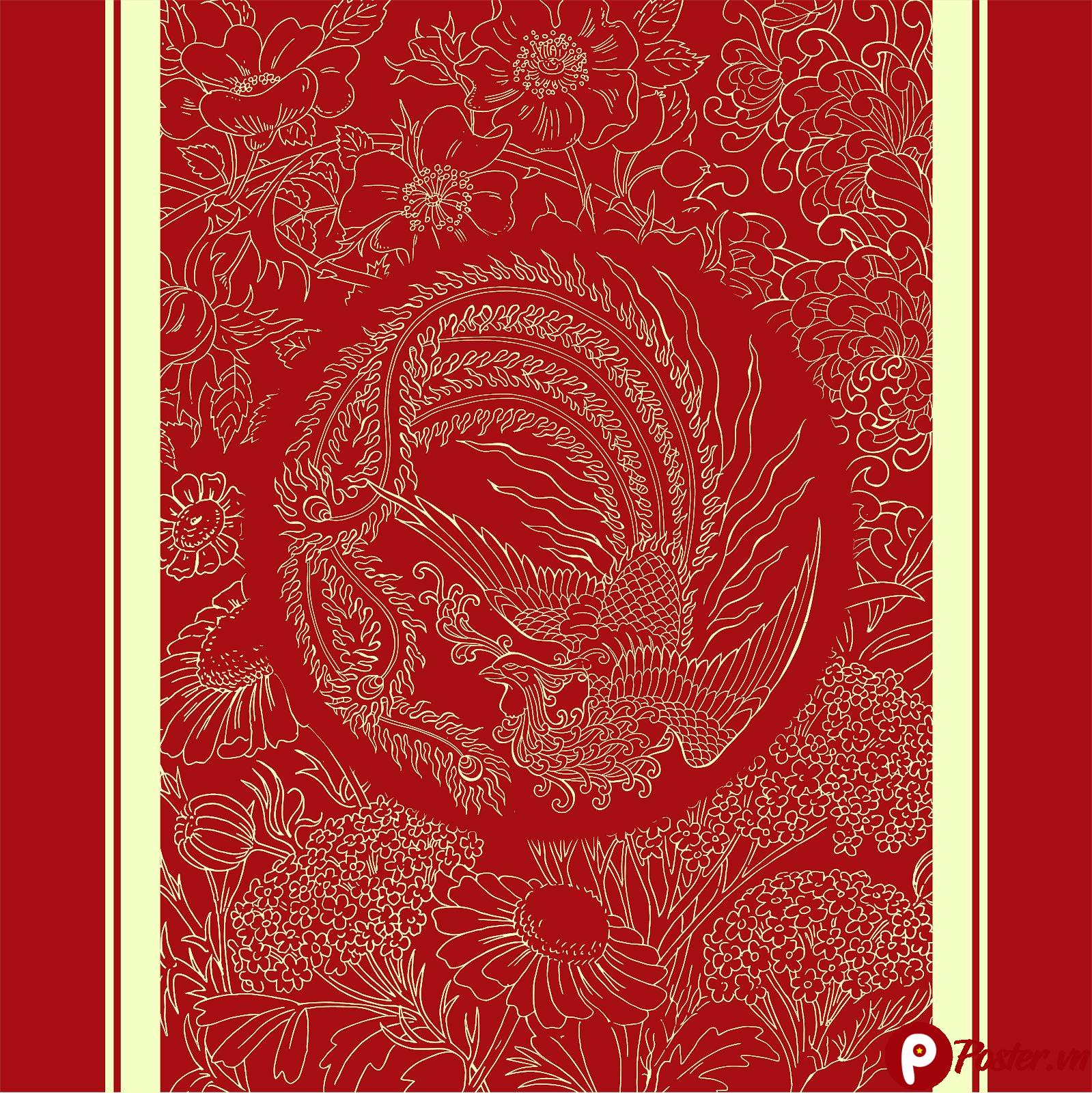 Họa tiết Phượng Hoàng Rồng vector phong cách Á Đông màu đỏ vàng rực rỡ, thích hợp cho thiết kế Tết và lễ hội.