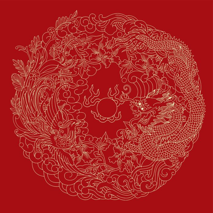 Họa tiết rồng phượng vector truyền thống màu đỏ vàng