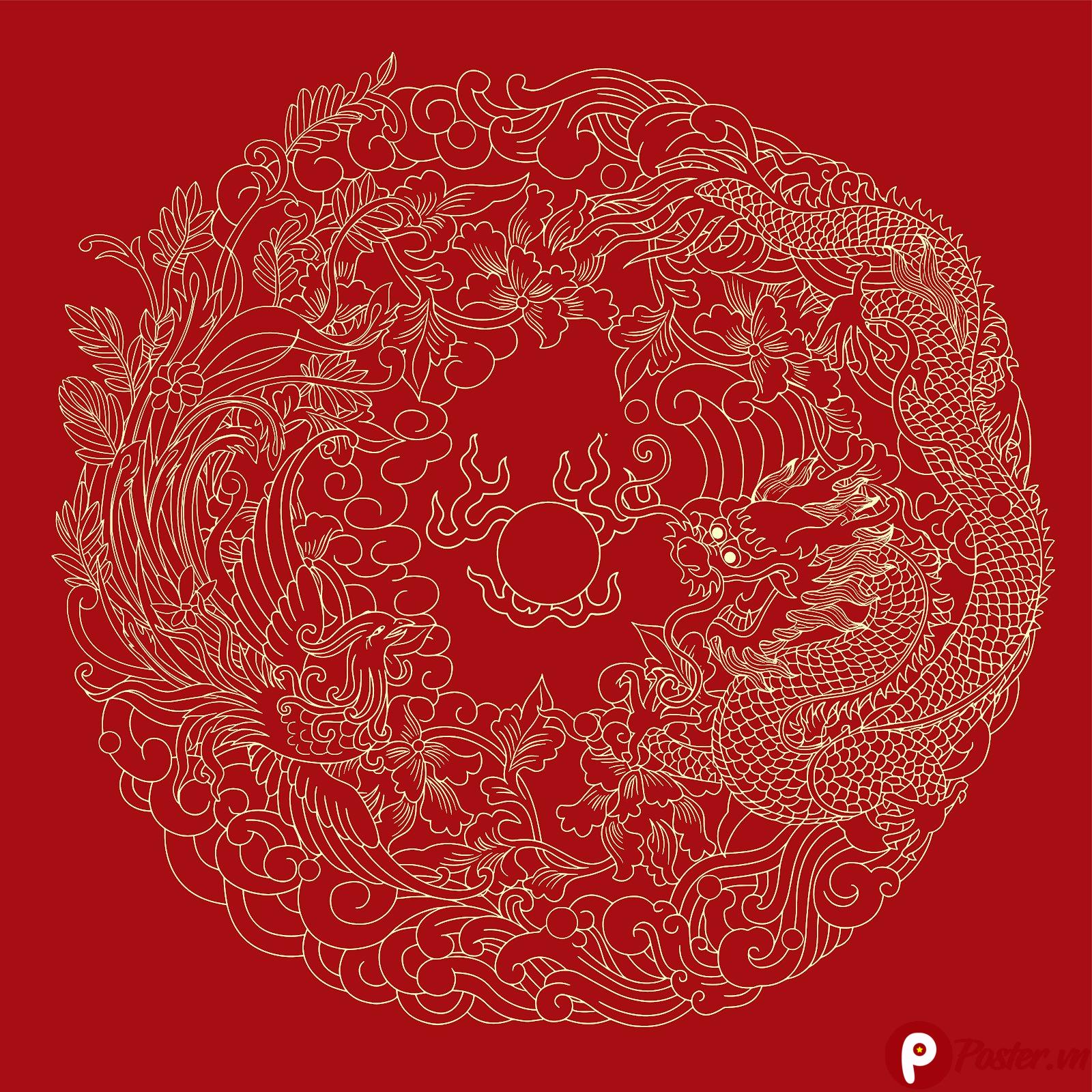 Họa tiết rồng phượng vector truyền thống màu đỏ vàng