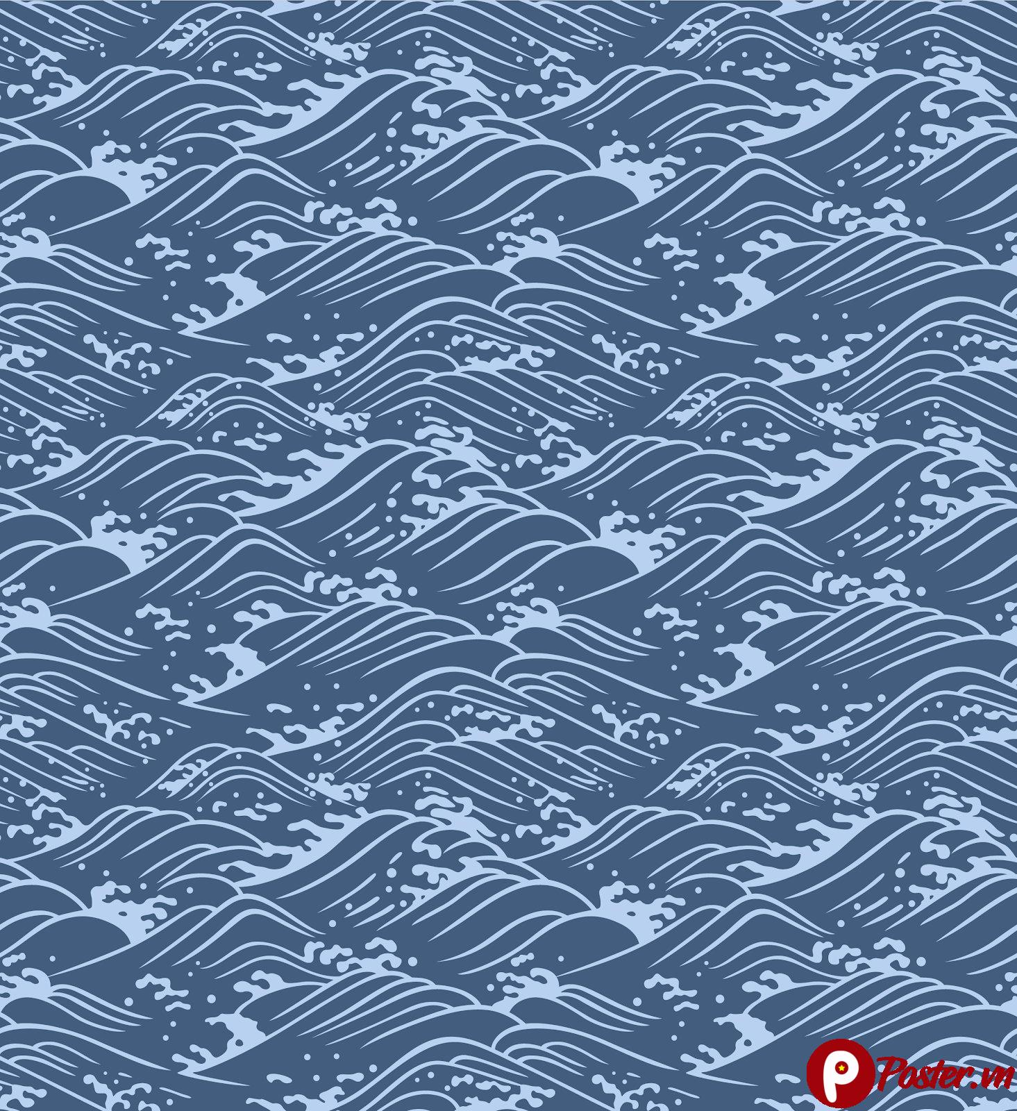 Họa tiết sóng biển vector phong cách Ukiyo-e Nhật Bản màu xanh dương