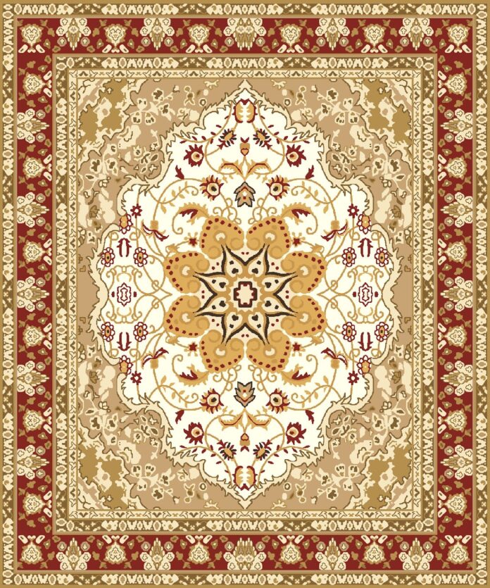 Mẫu họa tiết thảm Ba Tư cổ điển với huy hiệu medallion trung tâm màu đỏ vàng