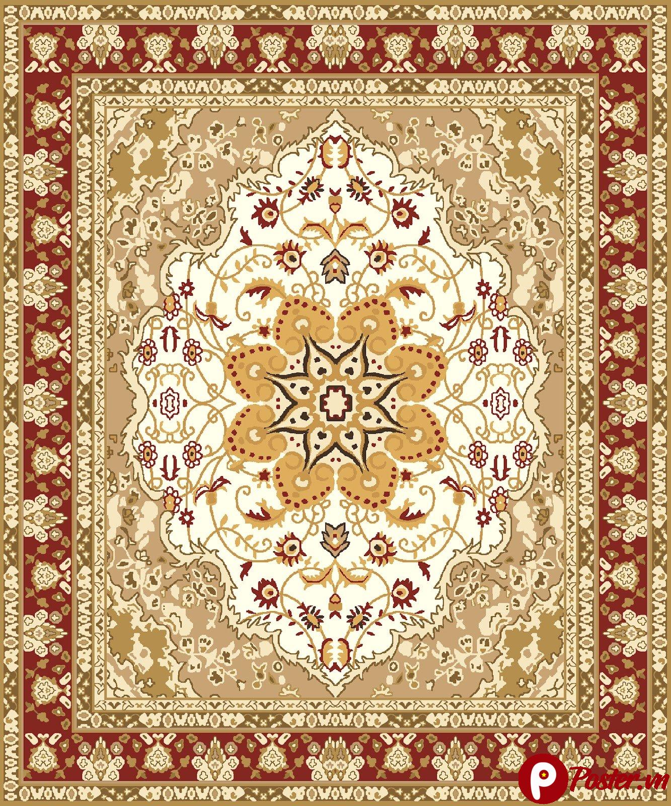 Mẫu họa tiết thảm Ba Tư cổ điển với huy hiệu medallion trung tâm màu đỏ vàng