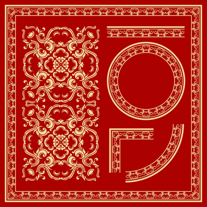 Bộ sưu tập họa tiết vector phong cách Trung Hoa truyền thống trên nền đỏ rực, với các chi tiết vàng kim tinh xảo bao gồm khung viền chữ nhật, mảng hoa văn đối xứng, dải họa tiết ngang và khung tròn trang trí, mang ý nghĩa may mắn, thịnh vượng và không khí lễ hội Á Đông.