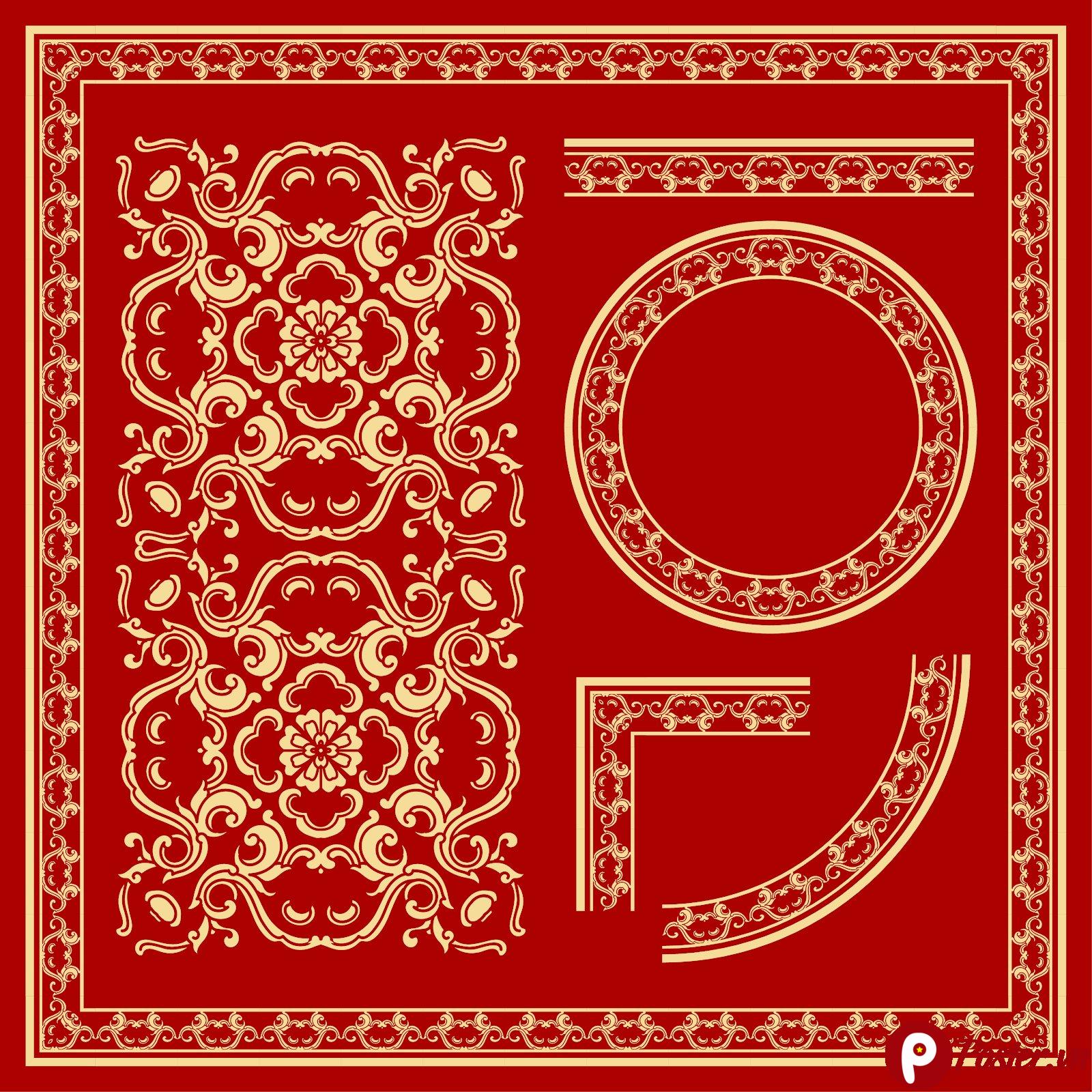 Bộ sưu tập họa tiết vector phong cách Trung Hoa truyền thống trên nền đỏ rực, với các chi tiết vàng kim tinh xảo bao gồm khung viền chữ nhật, mảng hoa văn đối xứng, dải họa tiết ngang và khung tròn trang trí, mang ý nghĩa may mắn, thịnh vượng và không khí lễ hội Á Đông.