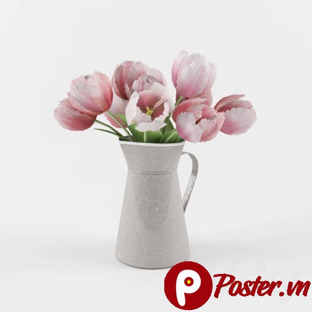 Hình ảnh bó hoa tulip hồng phấn và trắng tinh khôi được cắm trong bình gốm vintage, đặt trên nền trắng, mang phong cách tối giản và thanh lịch.