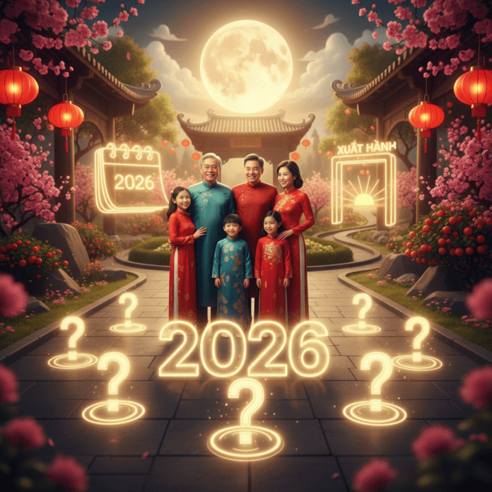 Hỏi Đáp Tết 2026: 10 Câu Hỏi Thường Gặp Nhất Hình ảnh gia đình sum vầy, quây quần bên mâm cỗ ngày Tết truyền thống, hoa mai, hoa đào nở rực rỡ, tượng trưng cho sự ấm cúng và may mắn trong dịp Tết Bính Ngọ 2026.