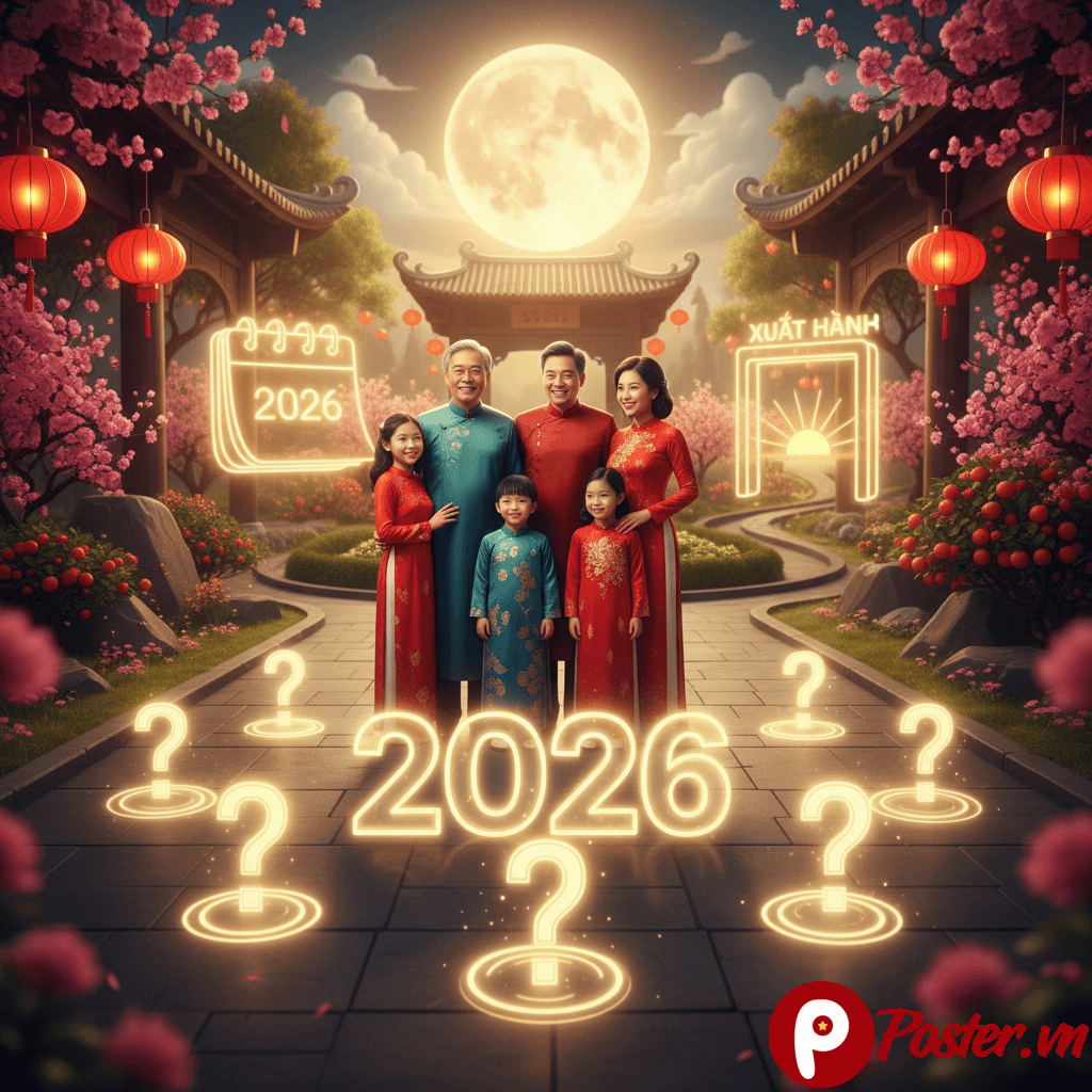 Hình ảnh gia đình sum vầy, quây quần bên mâm cỗ ngày Tết truyền thống, hoa mai, hoa đào nở rực rỡ, tượng trưng cho sự ấm cúng và may mắn trong dịp Tết Bính Ngọ 2026.