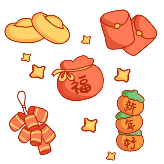 Bộ icon Tết hoạt hình dễ thương với thỏi vàng, lì xì, túi phúc chữ Phúc, chùm pháo và quýt cam chữ Chúc Mừng Năm Mới trên nền trắng. Phong cách vẽ tay vui nhộn, màu sắc đỏ vàng tươi sáng, biểu tượng may mắn, tài lộc cho năm mới.