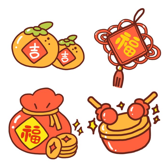 Bộ 4 icon Tết Nguyên Đán phong cách hoạt hình: quýt, nút thắt Phúc, túi tiền, trống lắc, màu đỏ vàng may mắn