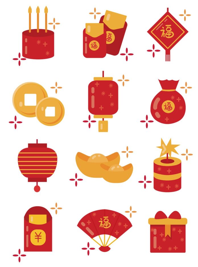 Bộ 12 icon Tết Nguyên Đán phong cách flat design với các biểu tượng bao lì xì, lồng đèn, thỏi vàng, chữ Phúc, pháo hoa trên nền trắng, màu đỏ và vàng chủ đạo.