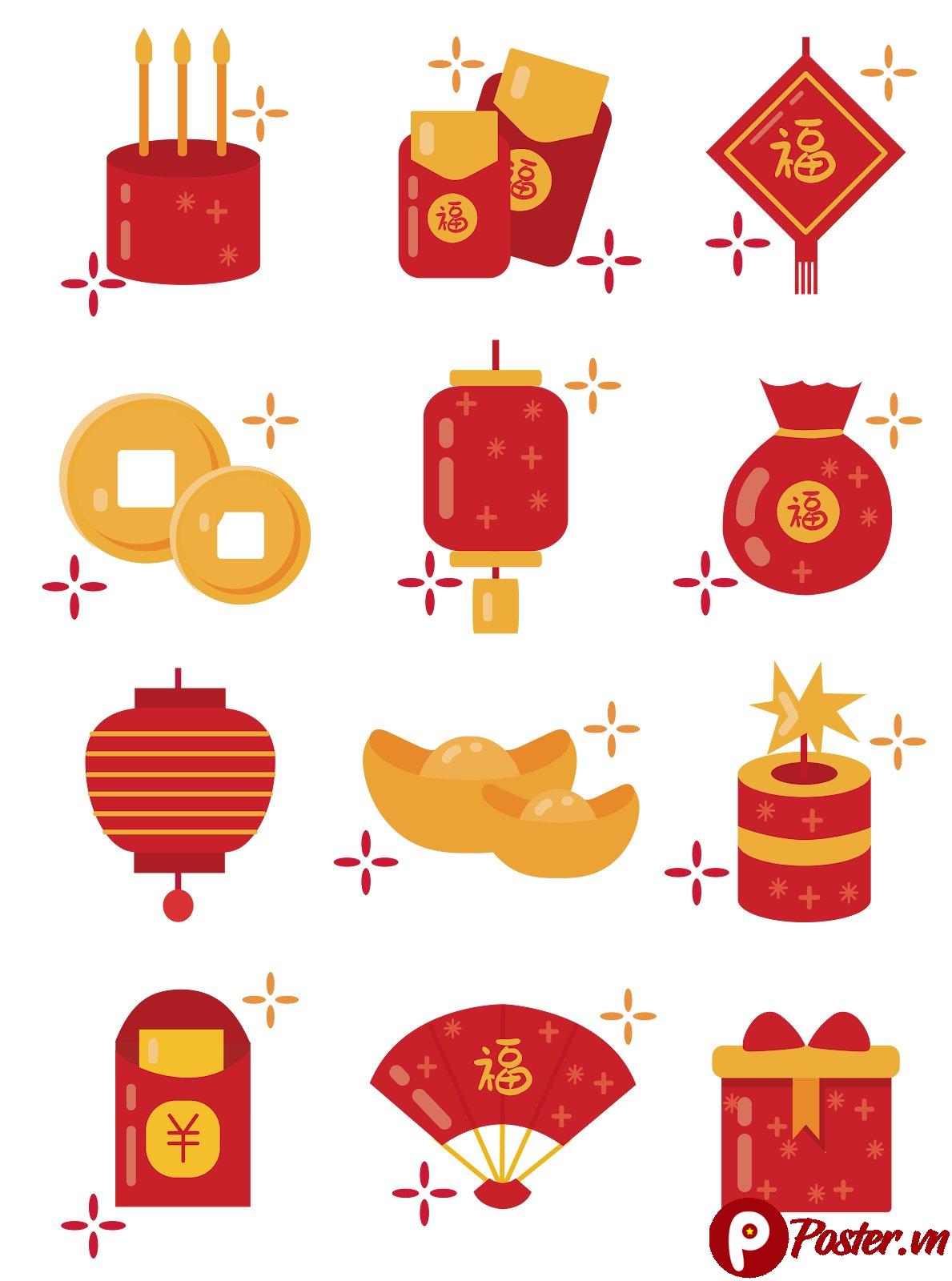 Bộ 12 icon Tết Nguyên Đán phong cách flat design với các biểu tượng bao lì xì, lồng đèn, thỏi vàng, chữ Phúc, pháo hoa trên nền trắng, màu đỏ và vàng chủ đạo.