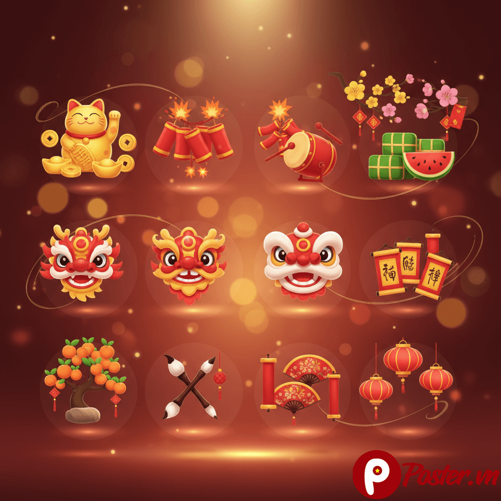 Bộ sưu tập icon Tết PNG và Vector đa dạng phong cách từ 3D sống động, flat design hiện đại đến nét vẽ dễ thương, bao gồm bao lì xì, hoa mai, pháo hoa, linh vật Tết, sẵn sàng cho thiết kế năm 2026.